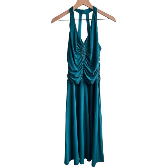 Vintage Y2k Sparkly Glitter Teal Halter Prom Party Dress Ruched Bodice Size 8 - Picture 2 of 5
